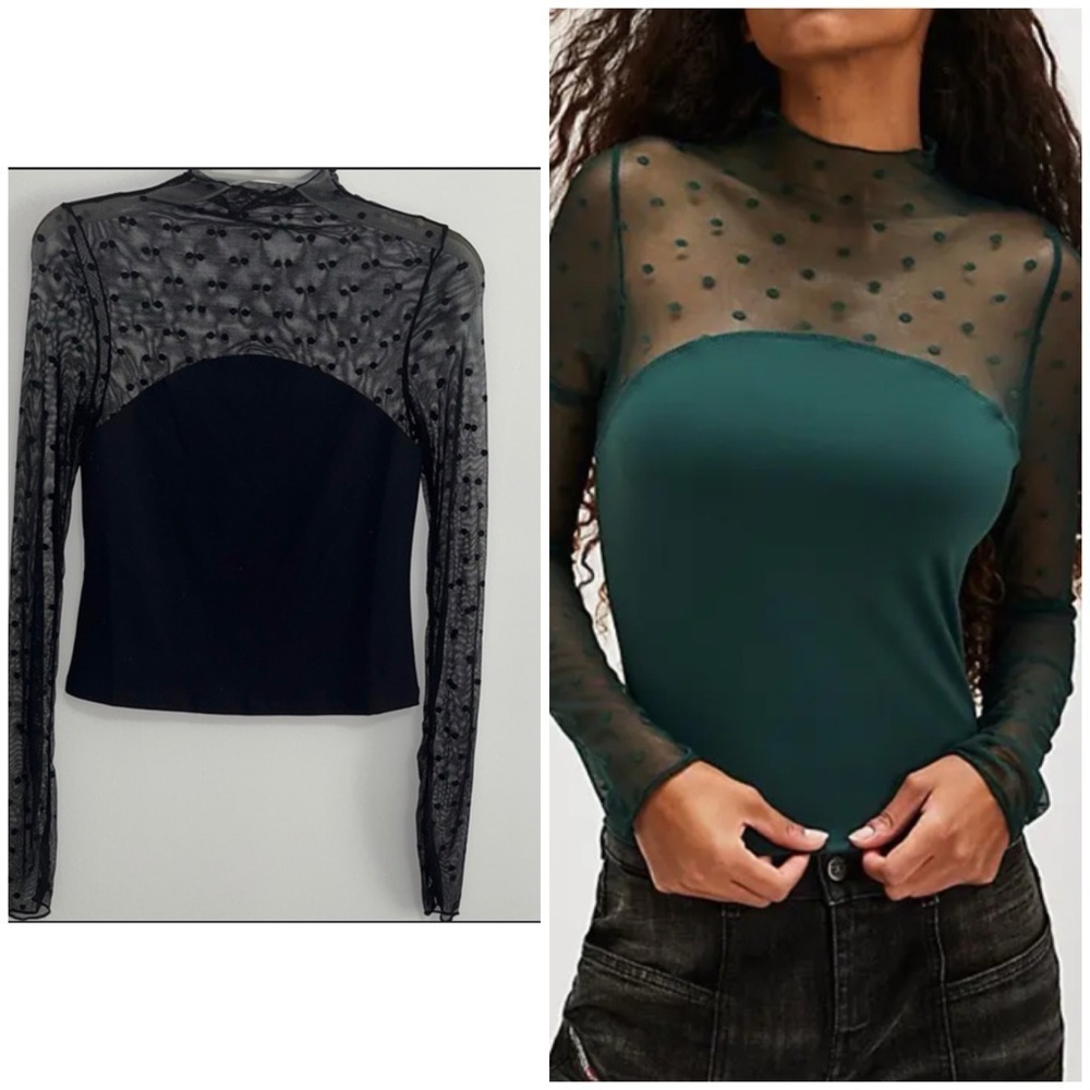 NWOT Free People Intimately On the Spot Sheer Polka Dot Mesh Long Sleeve Top